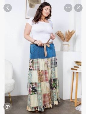 Young Threads Patchwork Boho Maxi Skirt with Denim Waistband - Multicolor 3X